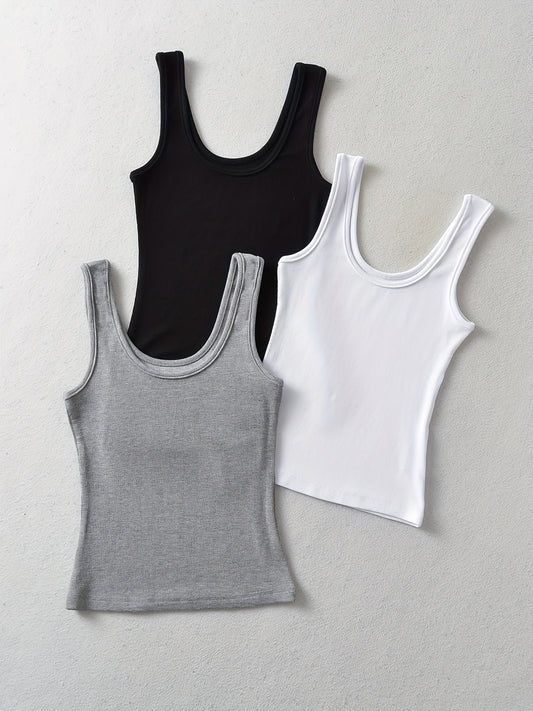 3 Pack Ribbed Crew Neck Tank Top Sleeveless Summer Women's Clothing