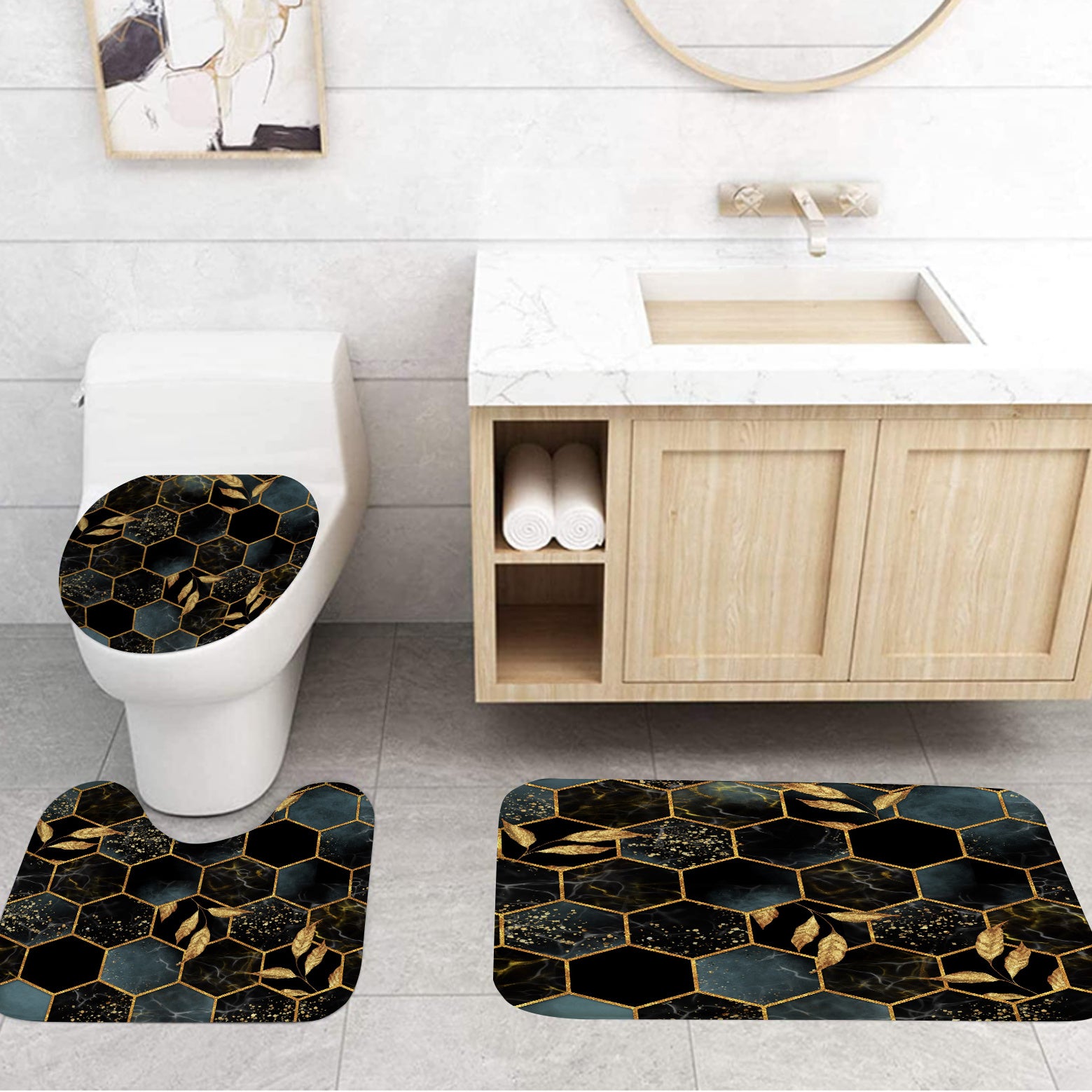 Modern Bee Trough Hexagonal Pattern Shower Curtain Set