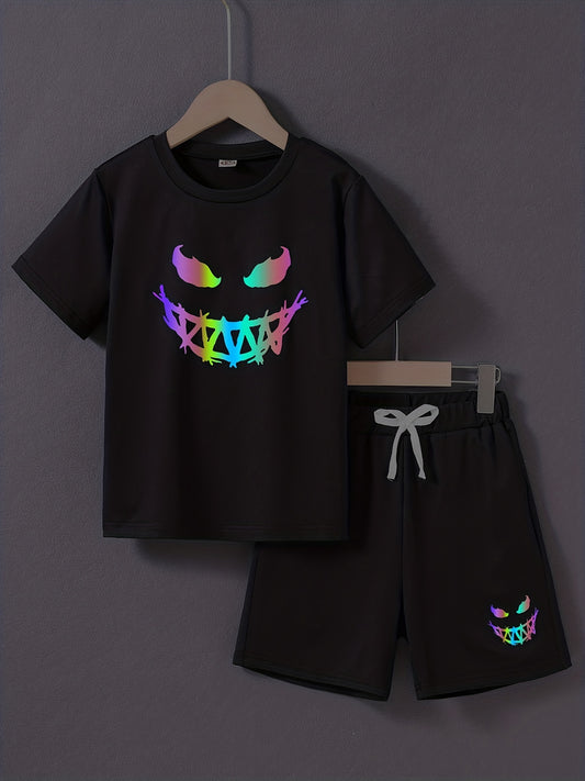Boys Happy Face Print T-shirt & Shorts Set Summer Outfit