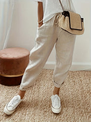  Solid Drawstring Elastic Waist Trousers
