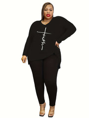  Cross Letter Print V Neck Tee & Pants Set