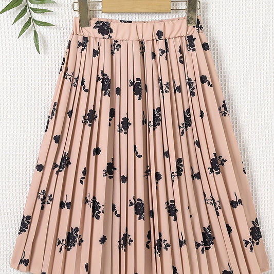 Floral Pleated Skirt Elastic Waist Midi Skirts