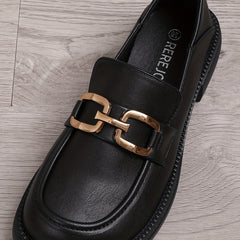 Women's Metal Decor Chunky Heel Loafers Slip On British Comfortable Shoes