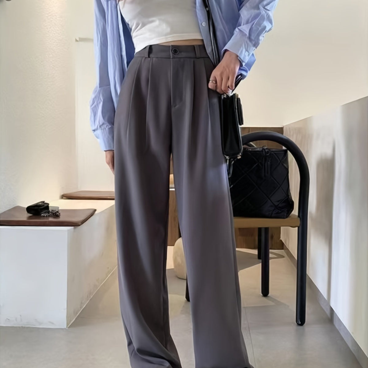 Solid High Waist Draped Long Length Pants