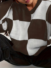  Casual Sweater Colorblock Grid Print Long Sleeve Round Neck Jumper