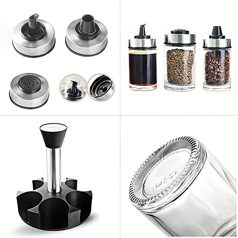 6pc Glass & Stainless Steel Vinegar & Pepper Bottles Set with Rotating Holder