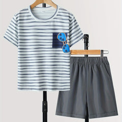 Boys Striped Sunglasses Graphic Print T shirt & Shorts Set for Summer