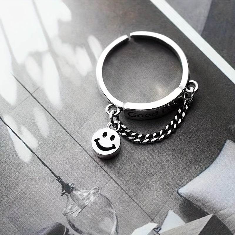 Happy Face & Chain Decor Good Luck Detail Silver Ring