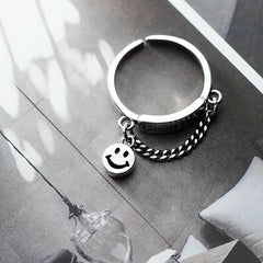 Happy Face & Chain Decor Good Luck Detail Silver Ring