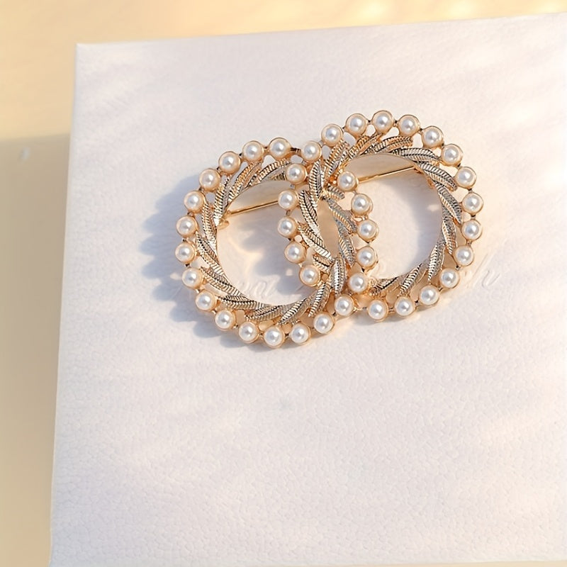Vintage Double Rings Brooch with Faux Pearls