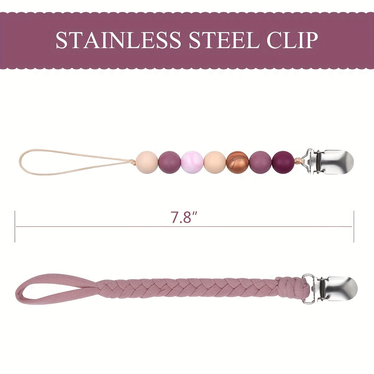 2pcs Pacifier Clips For Baby Soft Braided Holder BPA Silicone Beads Gift