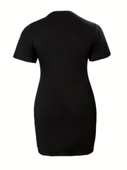 Casual Tee Dress Women's Plus Rhinestone Letter Short Sleeve Round Neck Dress