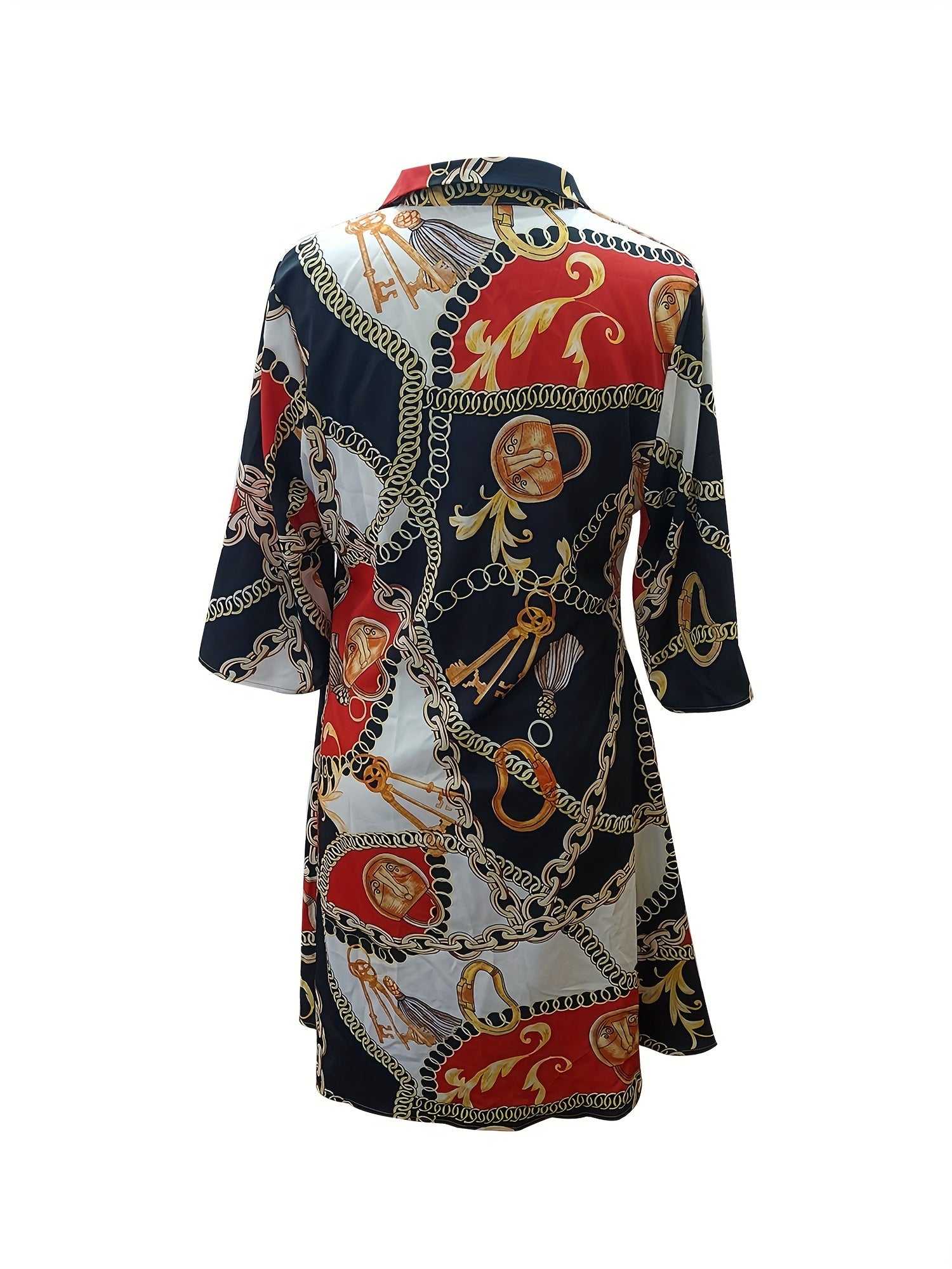 Plus Size Chain Print V Neck Dress With Pockets