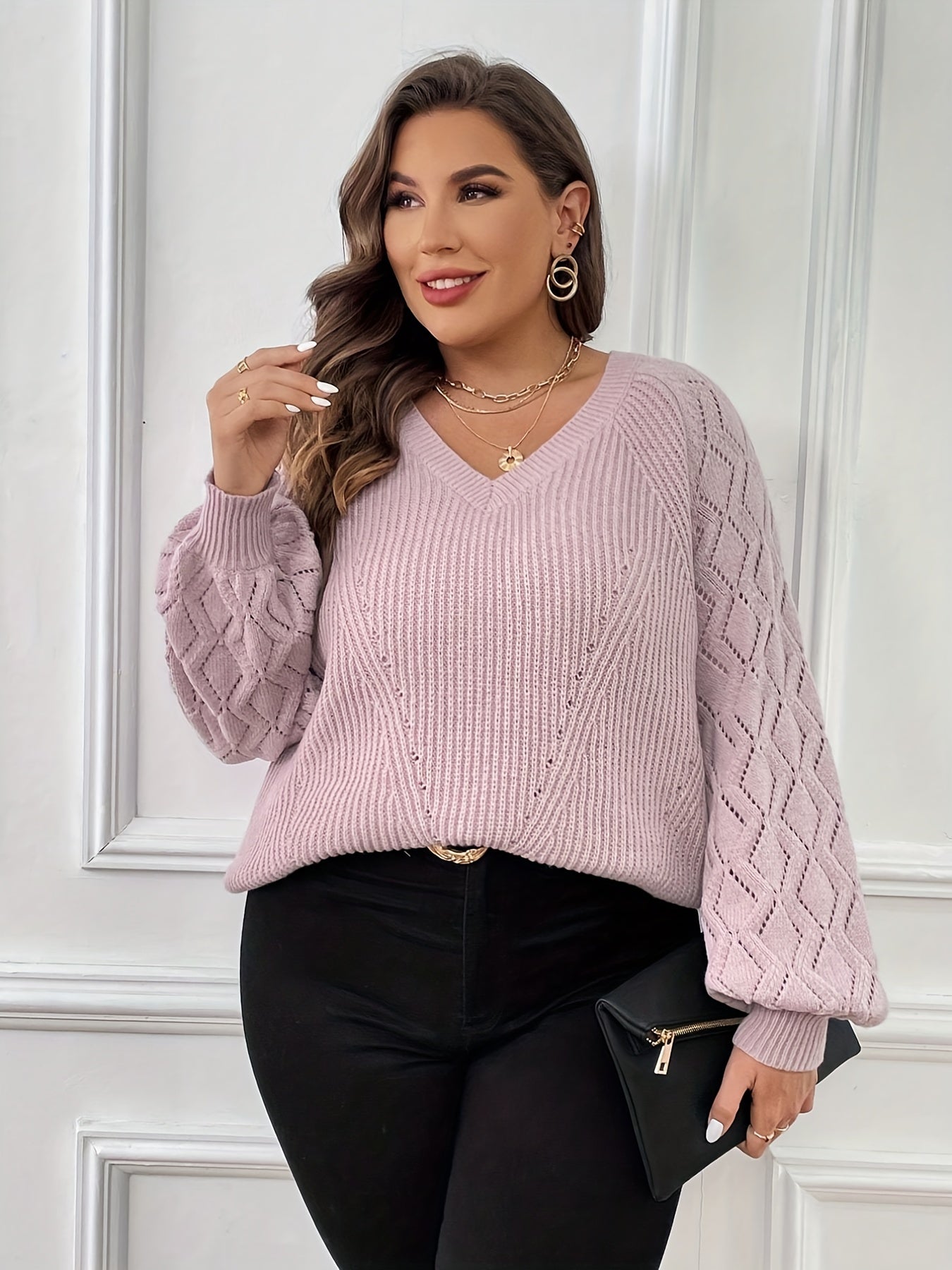  Solid Argyle Pattern Lantern Sleeve V Neck Sweater