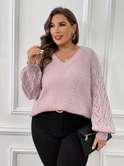  Solid Argyle Pattern Lantern Sleeve V Neck Sweater