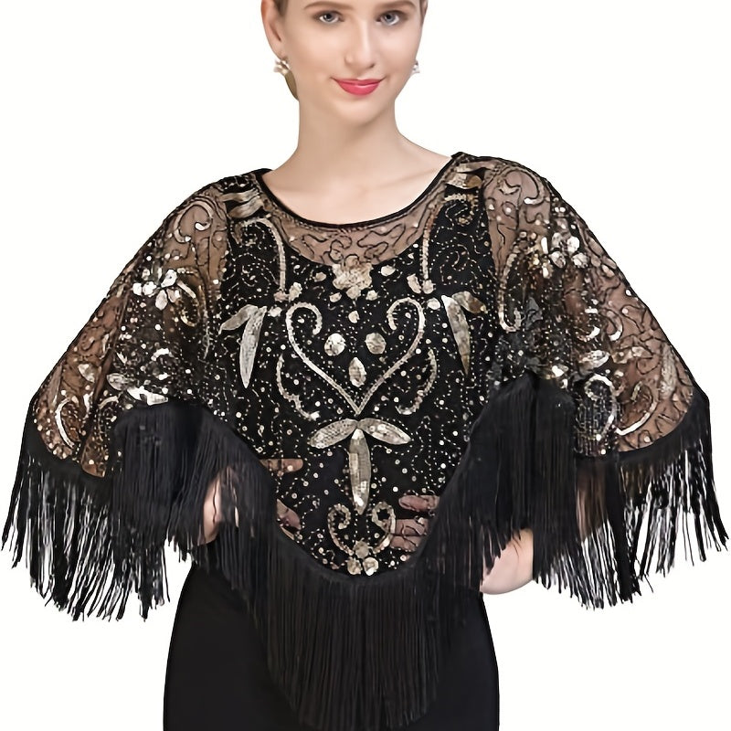 Vintage Tassel Sequins Embroidery Shawl Flapper Wrap Cardigan Cloak