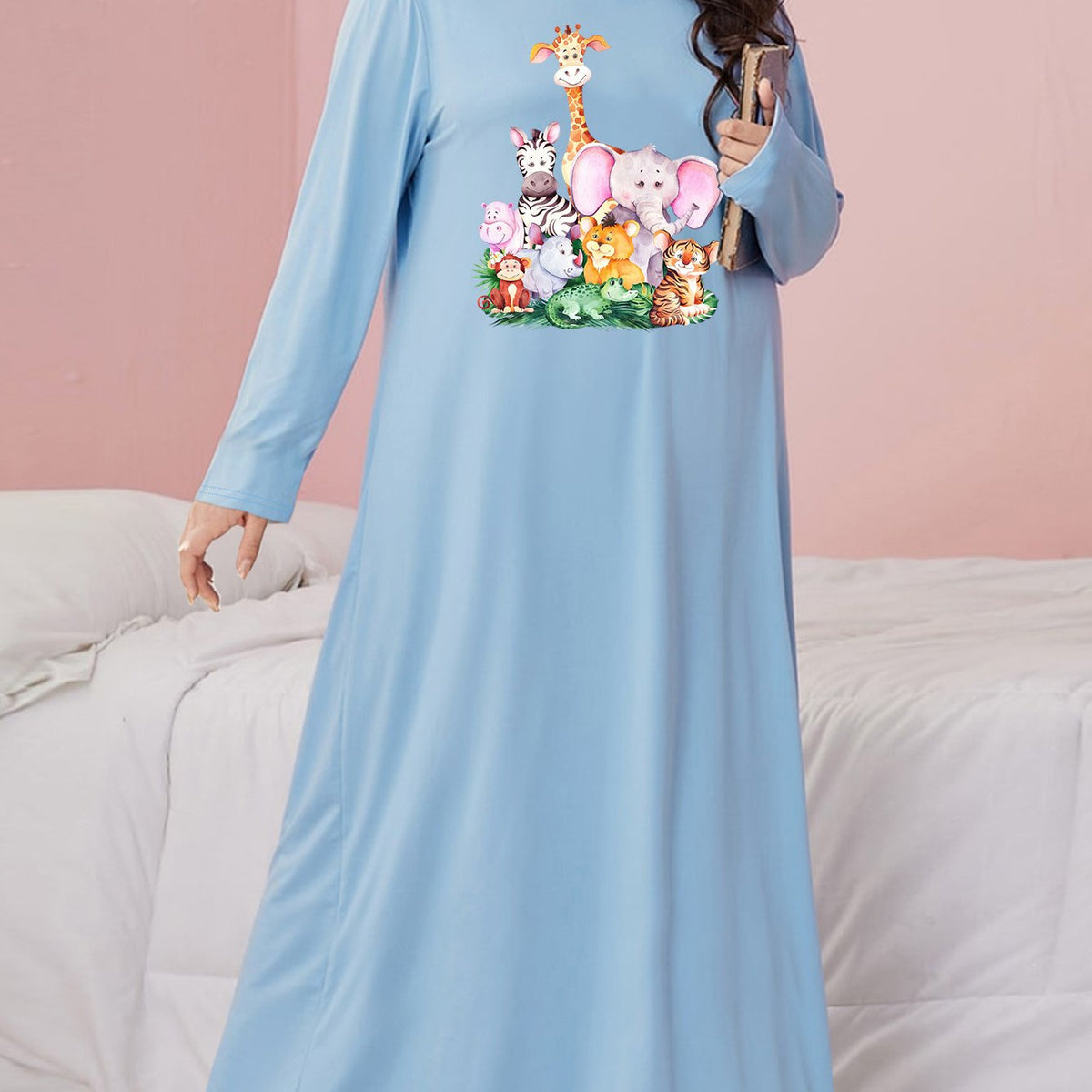  Women's Animal Print Nightdress Long Sleeve Round Neck