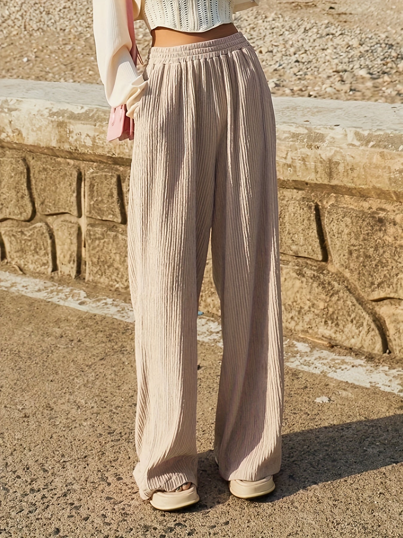  Wide Leg Trousers Solid Ribbed Elastic High Rise Casual Pants