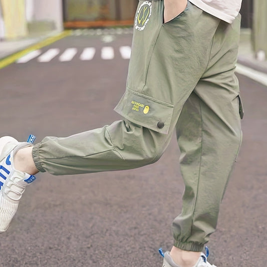 Boys Letter Print Cargo Pants Elastic Waist Quick Dry Jogger Pants