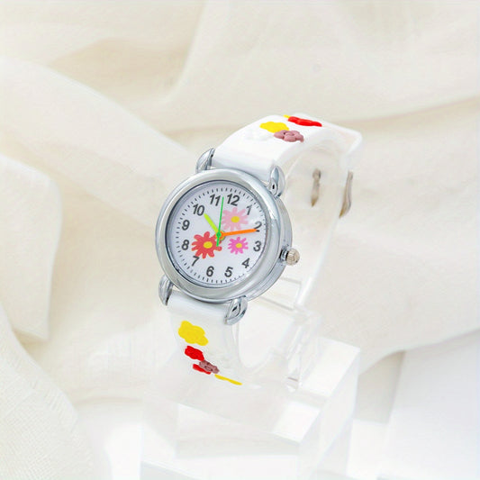 Girls Colorful Flowers Watch With Silicone Band