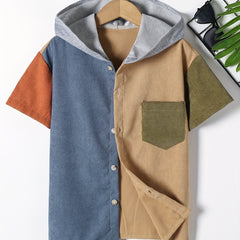 Boys Short Sleeves Hooded Shirt Preppy Style For Summer Kids Clothes