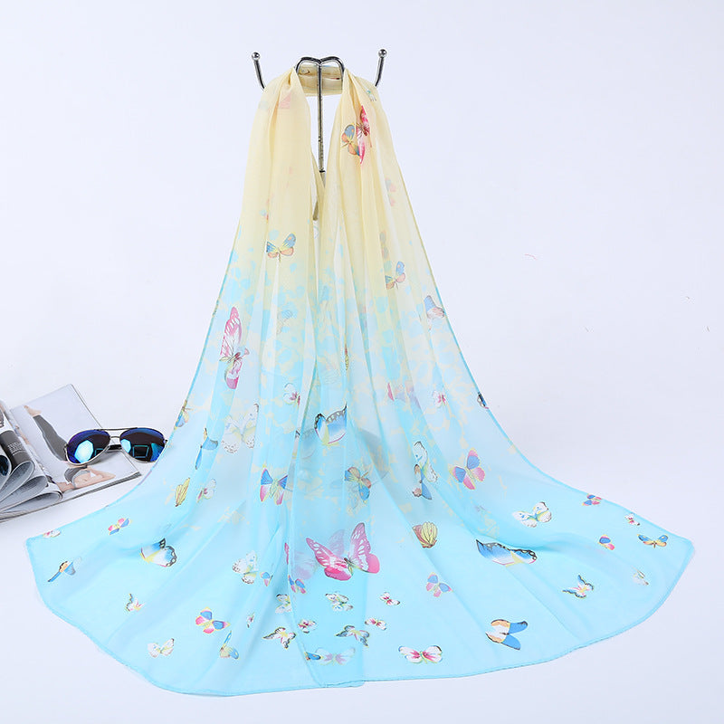 Chiffon Silk Scarf Gradient Butterfly Print Headwrap Large Shawl