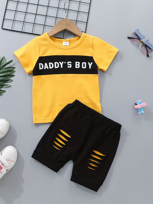 2pcs Baby Boys Casual T-shirt & Ripped Shorts Set Clothes