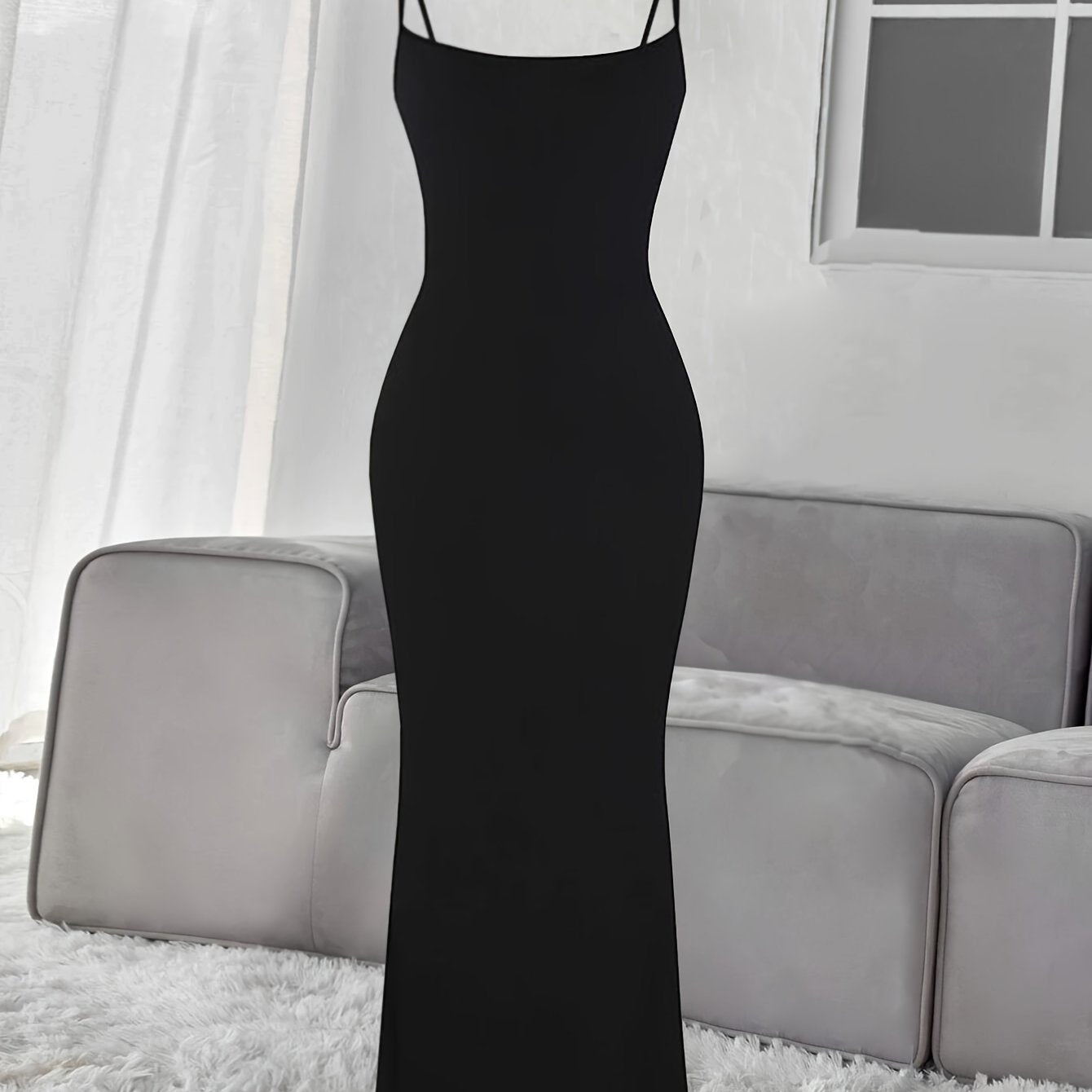 Ribbed Slip Lounge Dress Crew Neck Spaghetti Strap Home Dress