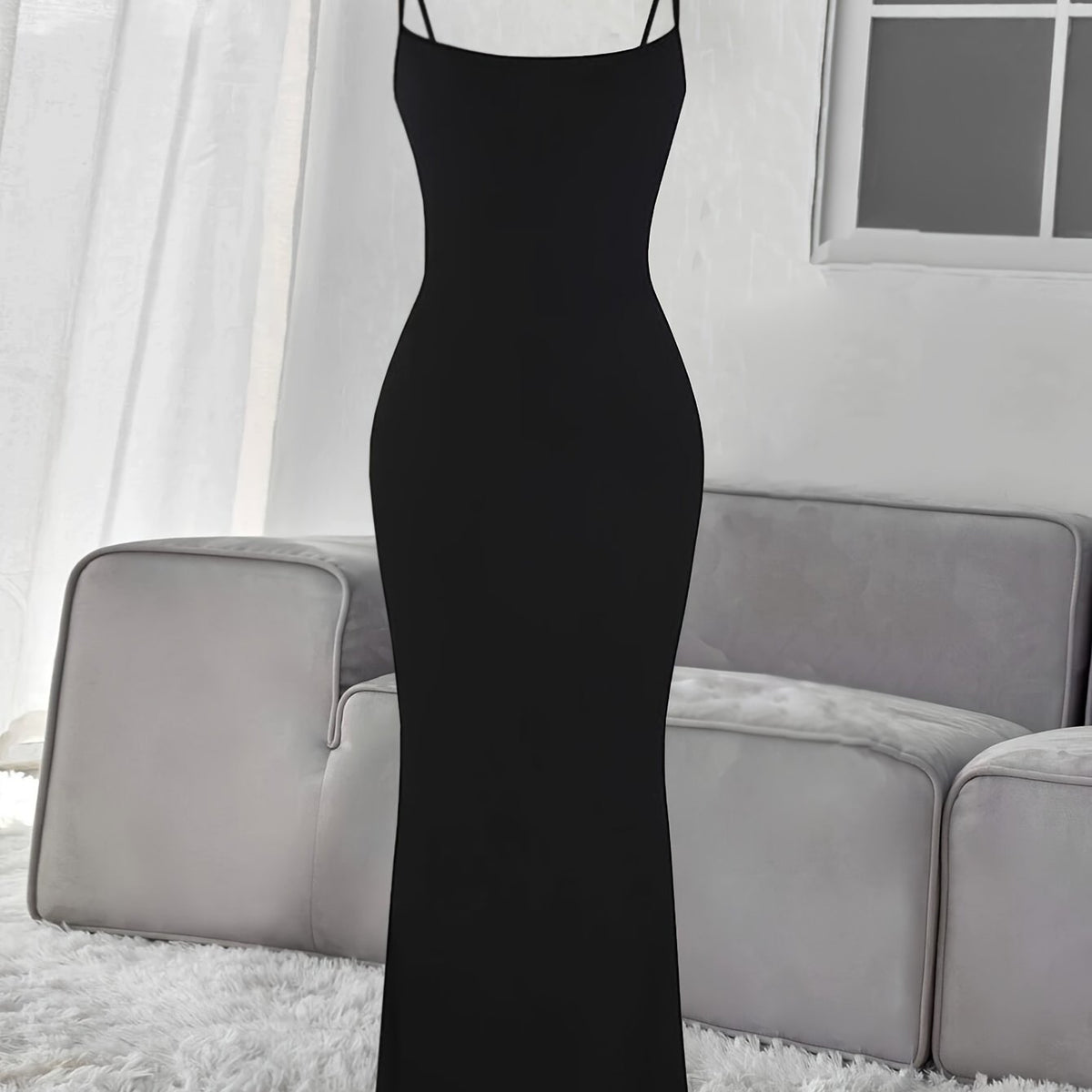 Ribbed Slip Lounge Dress Crew Neck Spaghetti Strap Home Dress