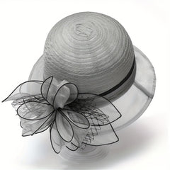 French Style Organza Bucket Hat Flower Decor Stitching Thin Basin Hat