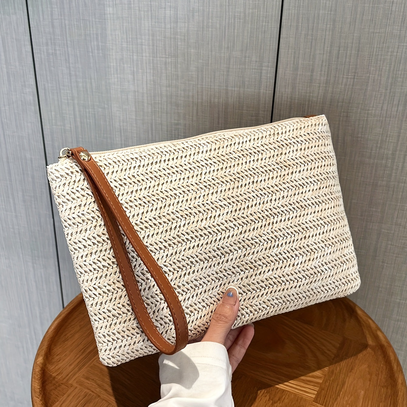 Straw Woven Clutch Bag Braided Waist Purse Zipper Handbags