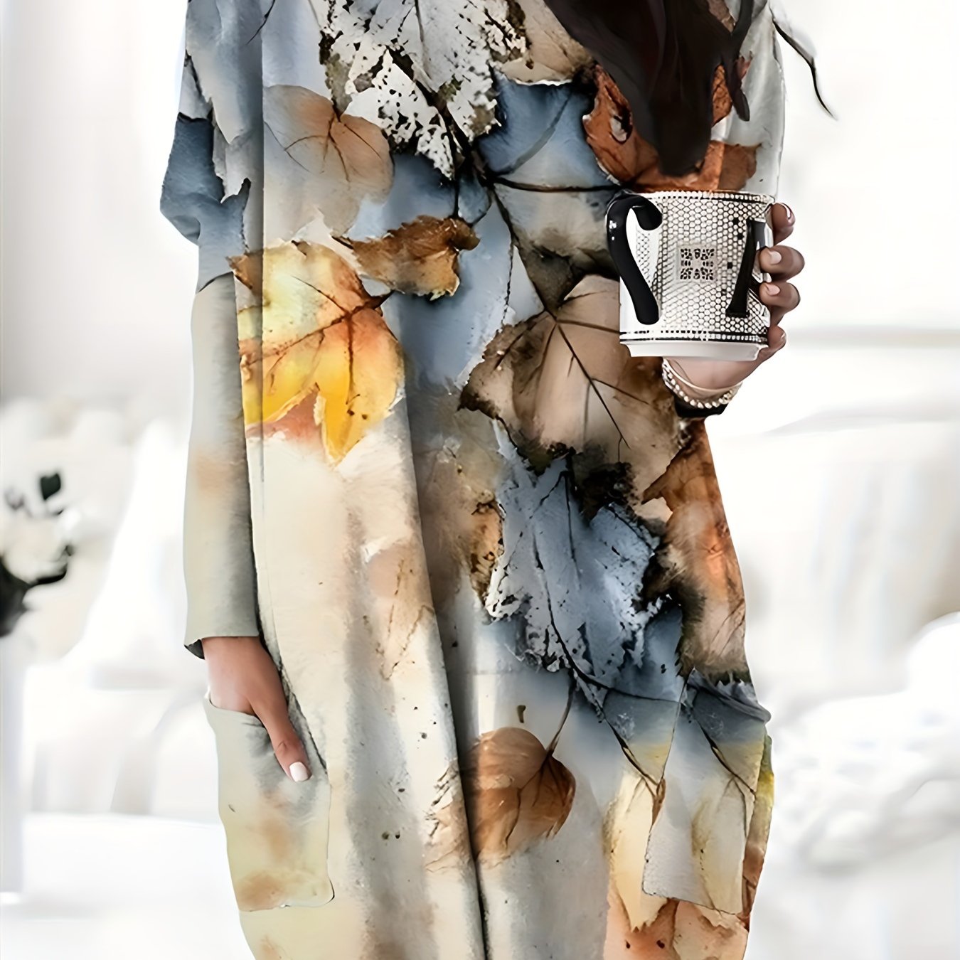  Leaf Print Long Sleeve Round Neck Mini Dress