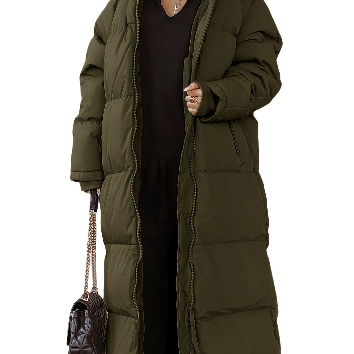 Long Length Down Perka Casual Hooded Zip Up Warm Outerwear