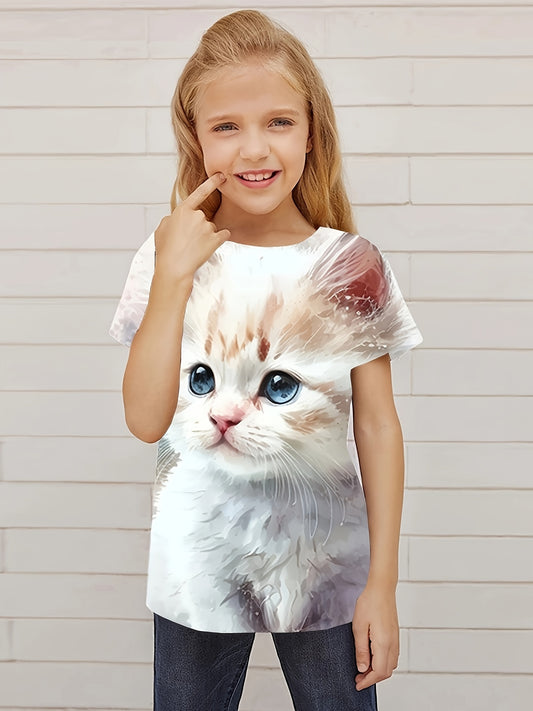Funny Kitty Graphic Short Sleeve T-shirt For Girls