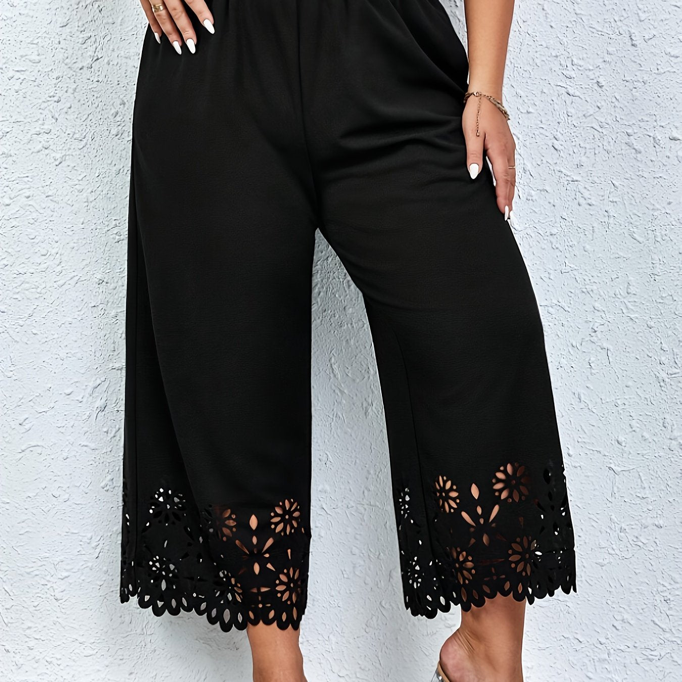  Pants Women's Plus Solid Scallop Trim Elastic High Rise