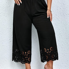  Pants Women's Plus Solid Scallop Trim Elastic High Rise