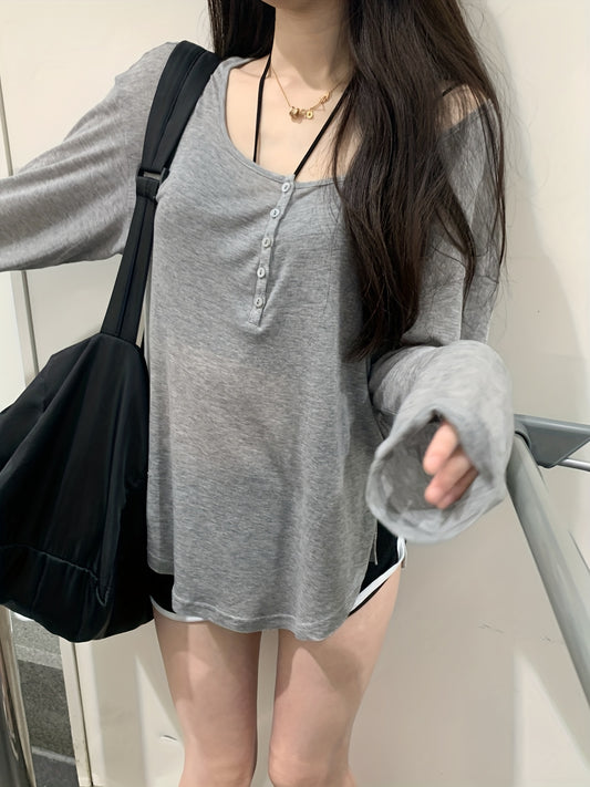 Grey Scoop Neck Cover Up T Shirt Top Long Sleeve Solid Sun Protection Beach Cove