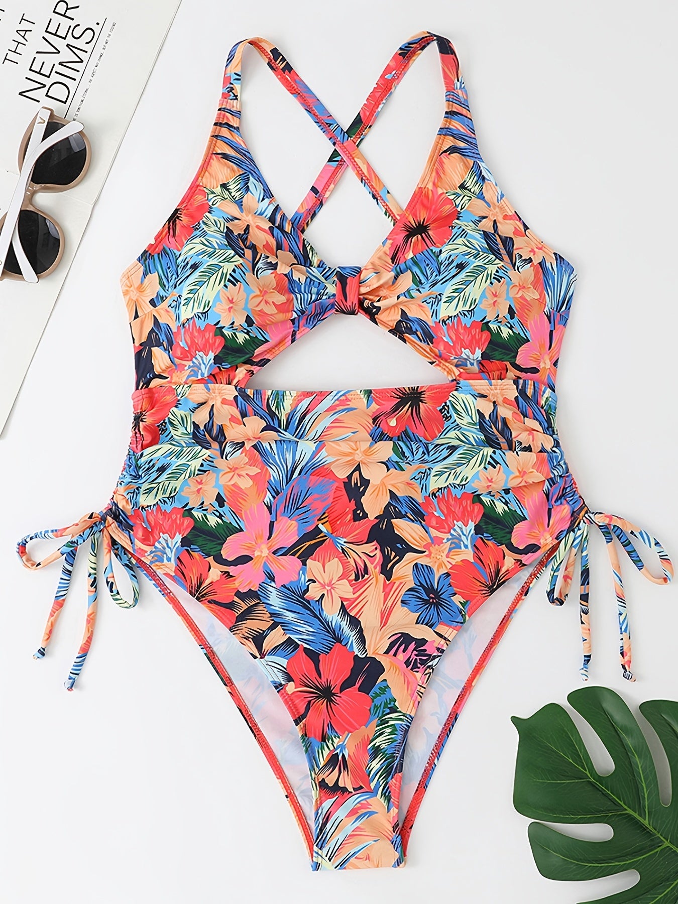  Tropical Print Side Drawstring Cut Out One Piece Beachwear Swimsuit