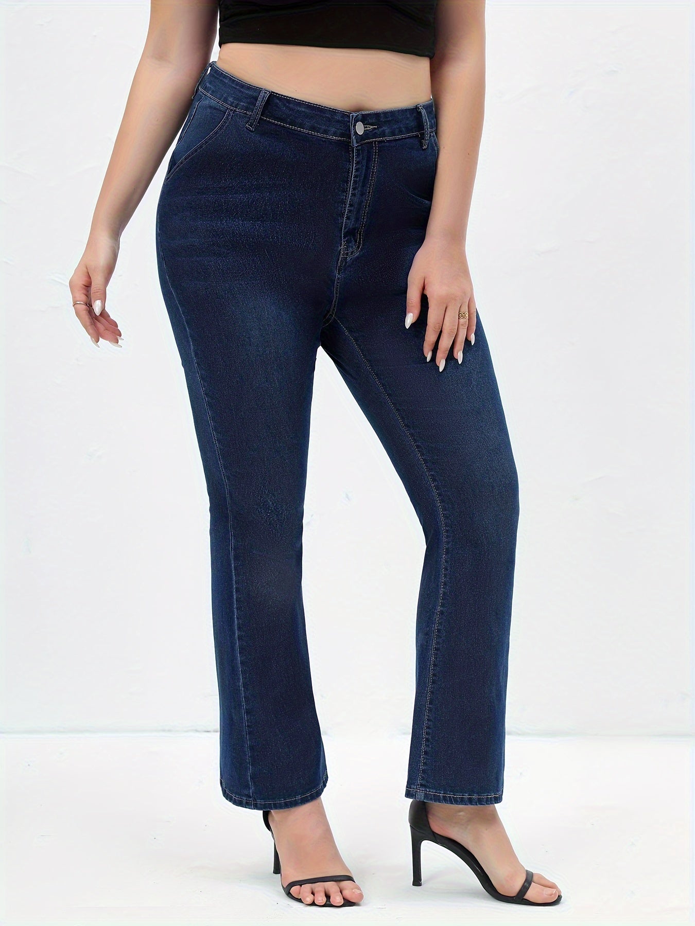  Solid Button Fly High Rise Flared Leg Jeans