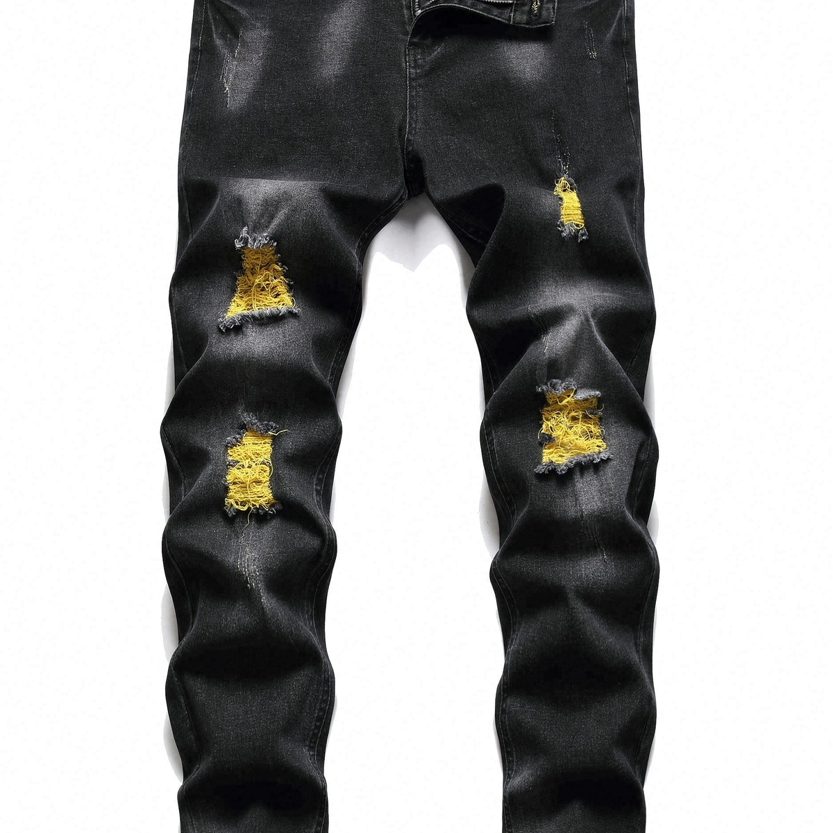 Men's Ripped Skinny Distressed Slim Jeans with Yellow Stitching