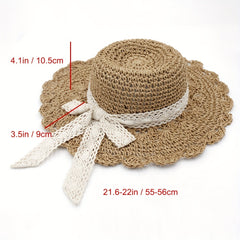 Lace Ribbon Bowknot Sun Hat Hollow Wide Brim Straw Hat Crochet Fedora Cap