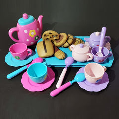 Kids Pretend Play Tea Set with Tray & Cookies Pink & Floral Plastic