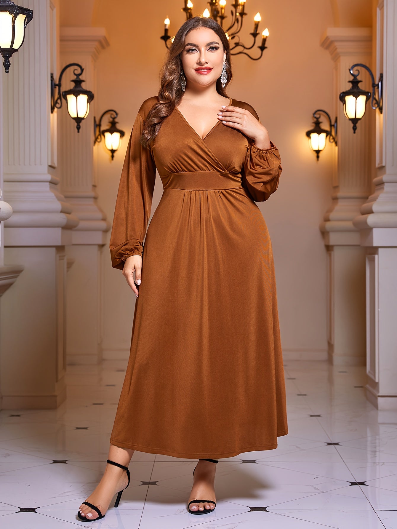 Solid Lantern Sleeve Surplice Neck Maxi Dress