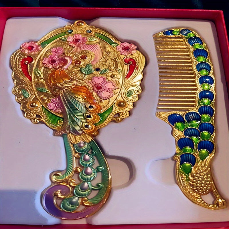 Vintage Peacock Handheld Mirror Comb Set