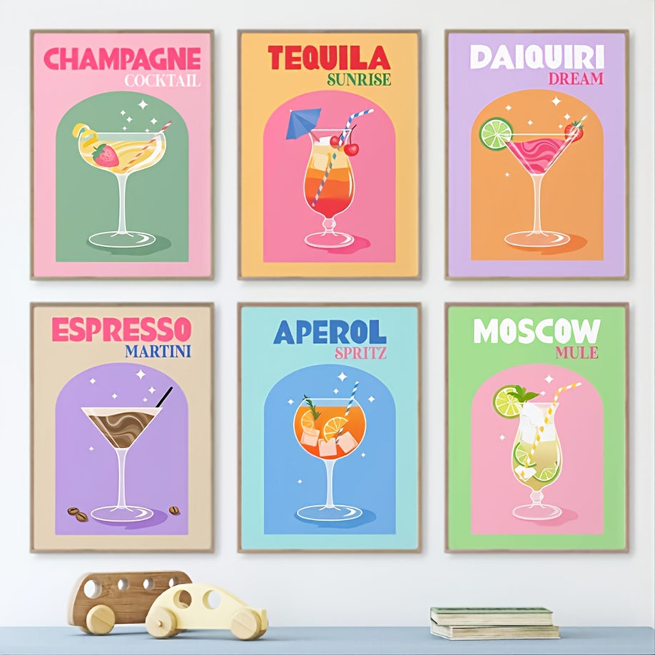 6pcs Colorful Cocktail Printed Paintings For Bar Cart Gallery Retro Wall Arts
