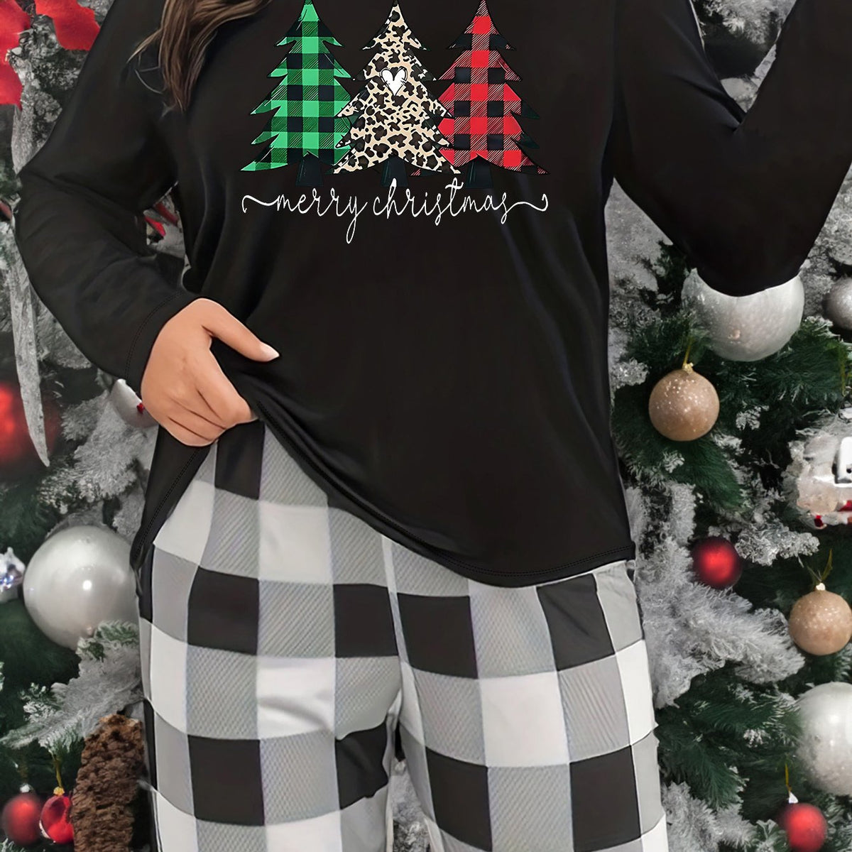 Christmas Tree Print Lounge Top Long Sleeve Crew Neck Women's Sleepwear