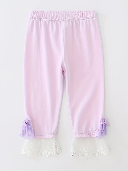 Girls Crop Leggings w/ Lace Bow Stretch Comfy Fit