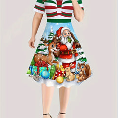 Women's Plus Graphic Print Short Sleeve Round Neck Christmas Casual Dress