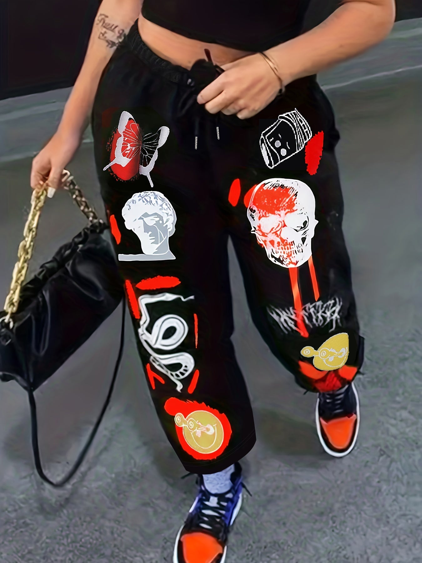  Graffiti Print Drawstring High Rise Pants