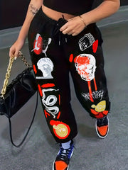  Graffiti Print Drawstring High Rise Pants